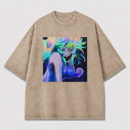Oversized Holographic Portrait Graphic Tee – Rainbow Print Top