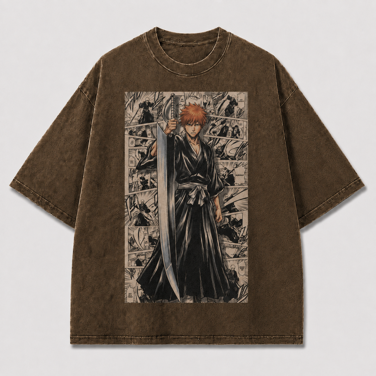 Oversized Streetwear Graphic Tee – Manga Panel Standing Sword Print