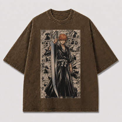 Oversized Streetwear Graphic Tee – Manga Panel Standing Sword Print