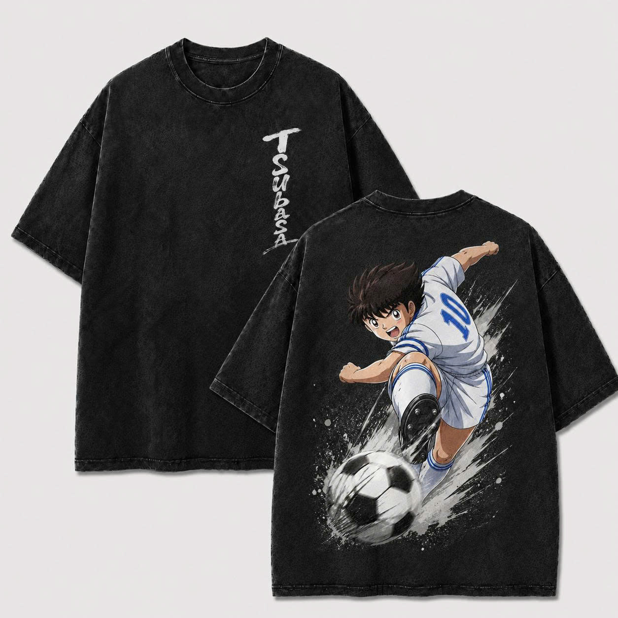 Tsubasa Ozora vintage washed anime soccer shirt in black with number 10 back print