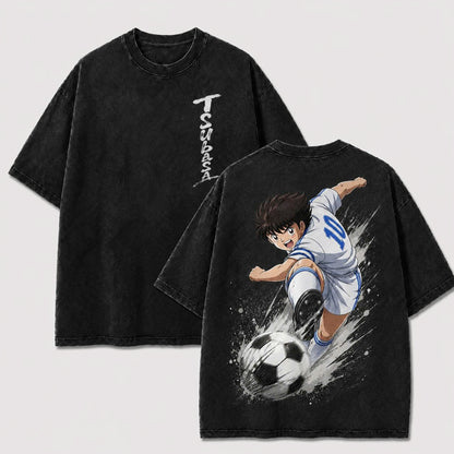 Tsubasa Ozora vintage washed anime soccer shirt in black with number 10 back print