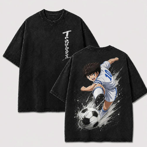Tsubasa Ozora vintage washed anime soccer shirt in black with number 10 back print