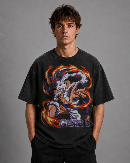 Oversized Streetwear Graphic Tee – Flame Vortex Battle Pose Print