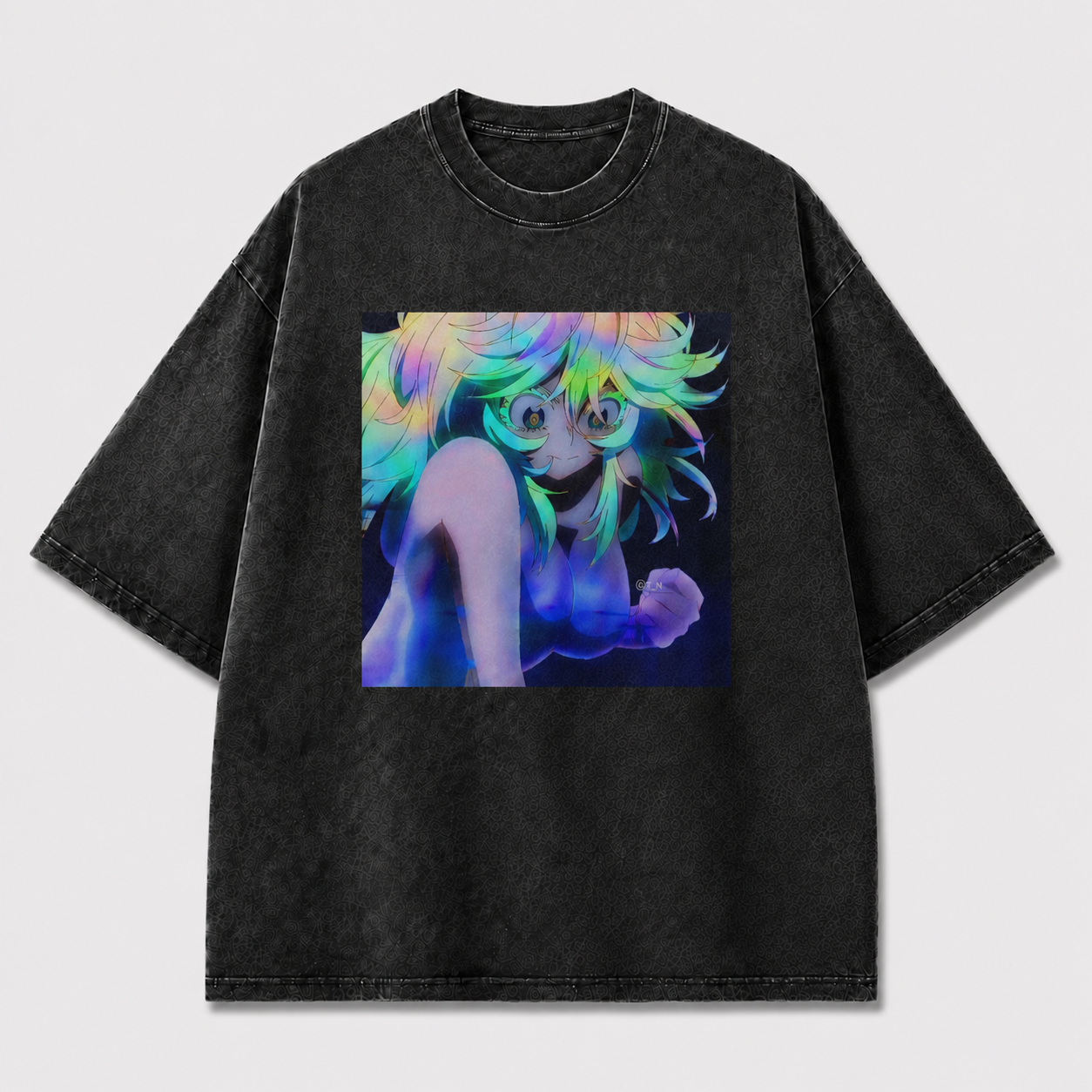 Oversized Holographic Portrait Graphic Tee – Rainbow Print Top