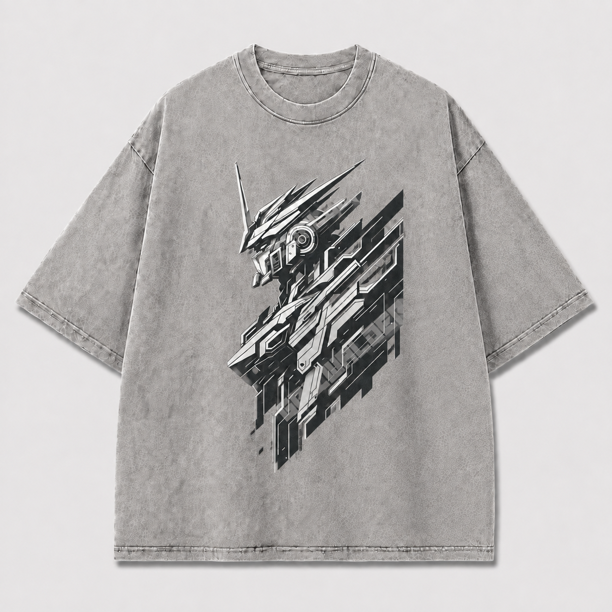 Oversized Cyber Mecha Graphic Tee – Geometric Slice Print Top