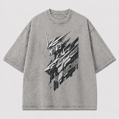 Oversized Cyber Mecha Graphic Tee – Geometric Slice Print Top