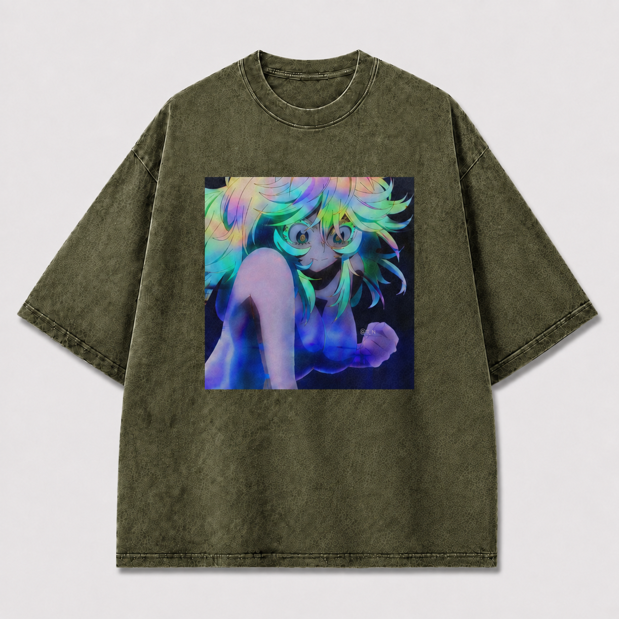 Oversized Holographic Portrait Graphic Tee – Rainbow Print Top