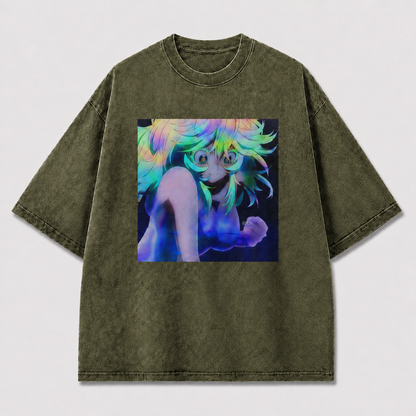 Oversized Holographic Portrait Graphic Tee – Rainbow Print Top