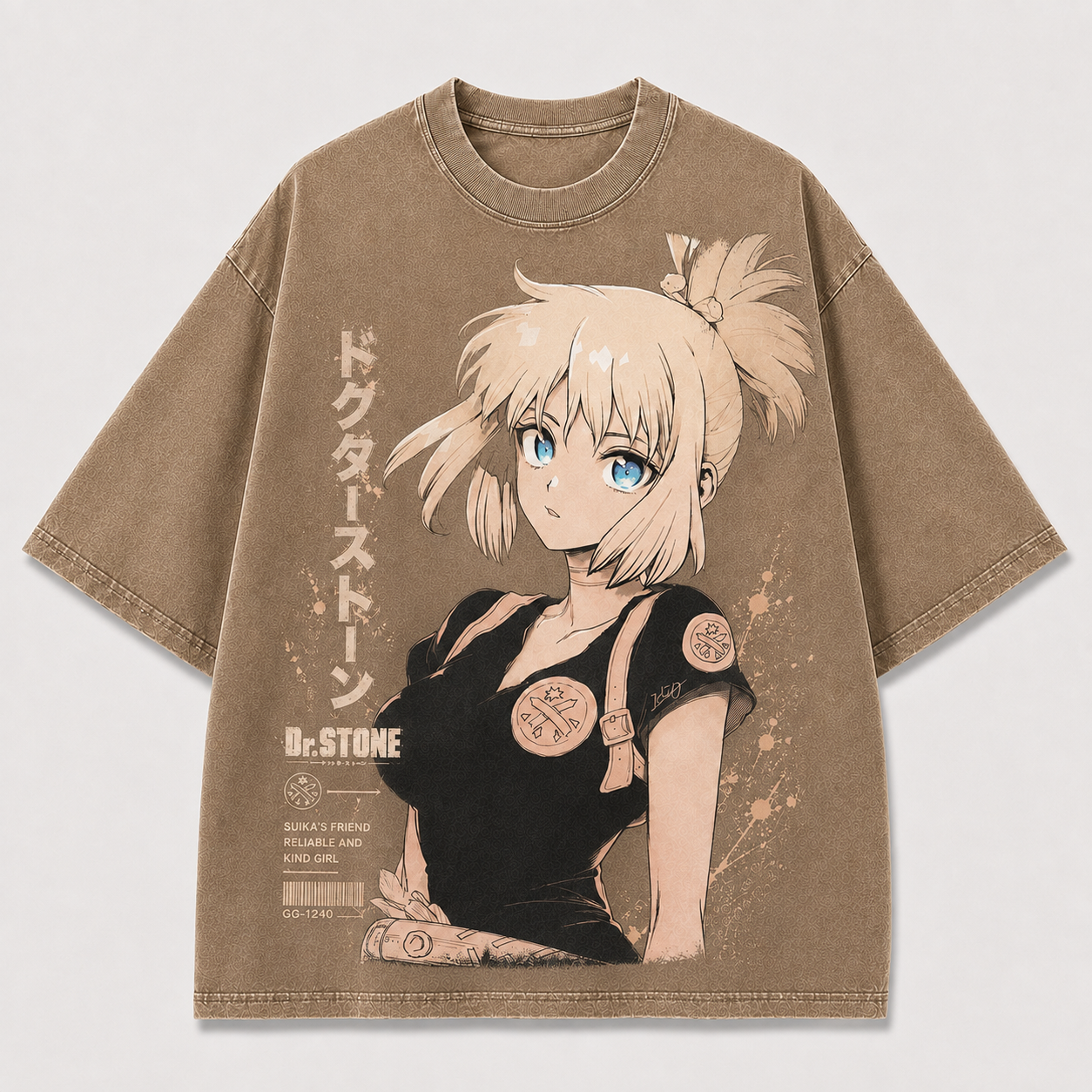 Oversized Sepia Portrait Graphic Tee – Badge Print Top
