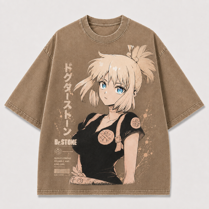 Oversized Sepia Portrait Graphic Tee – Badge Print Top
