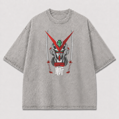 Oversized Samurai Mecha Graphic Tee – Dual Blade Print Top