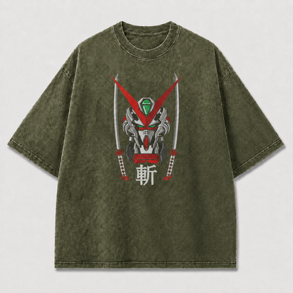 Oversized Samurai Mecha Graphic Tee – Dual Blade Print Top