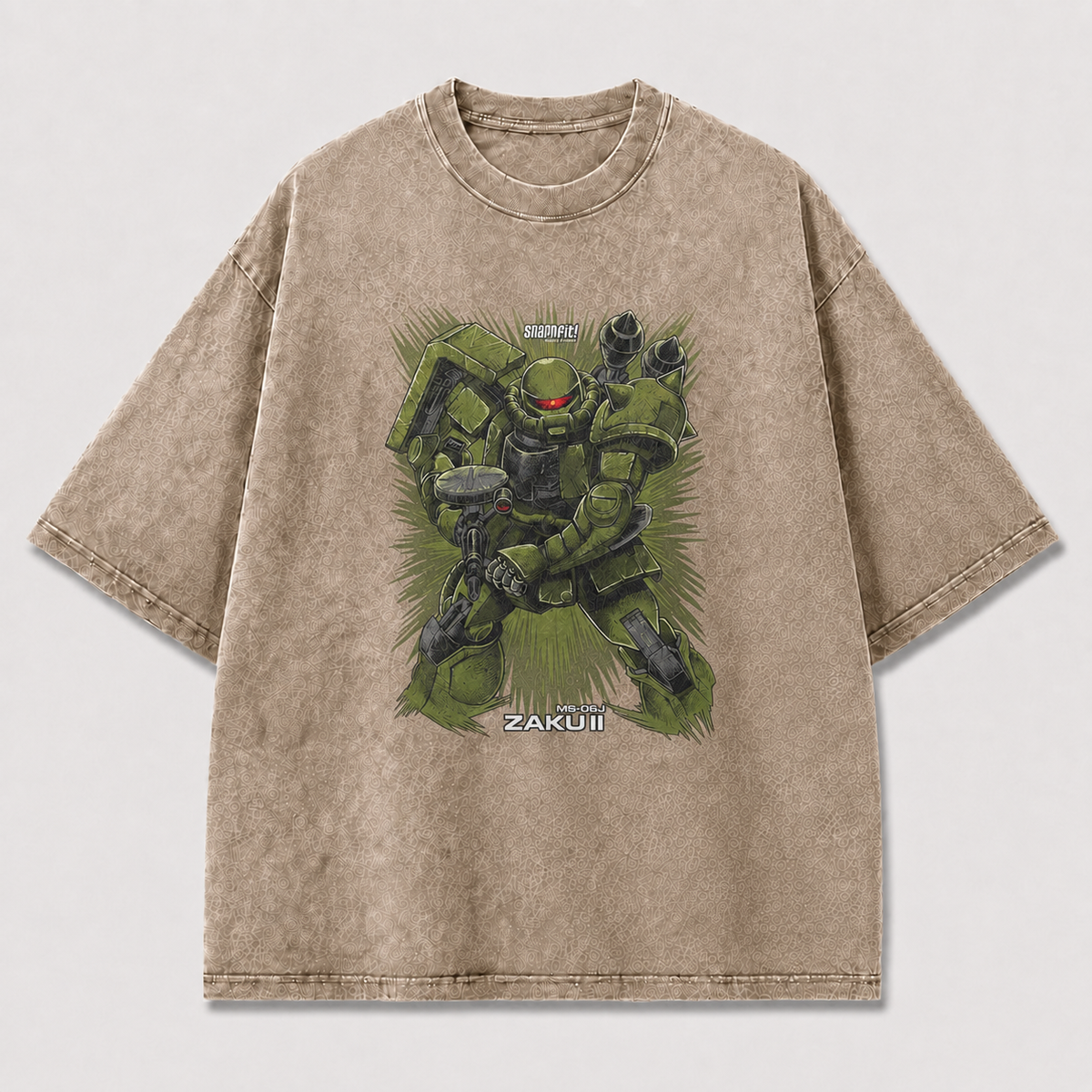 Oversized Olive Mecha Graphic Tee – Dynamic Line-Art Print Top