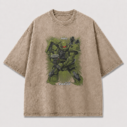 Oversized Olive Mecha Graphic Tee – Dynamic Line-Art Print Top