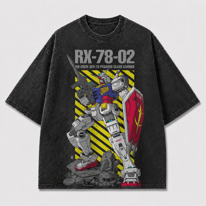 Oversized Armored Mecha Graphic Tee – Warning Stripe Print Top