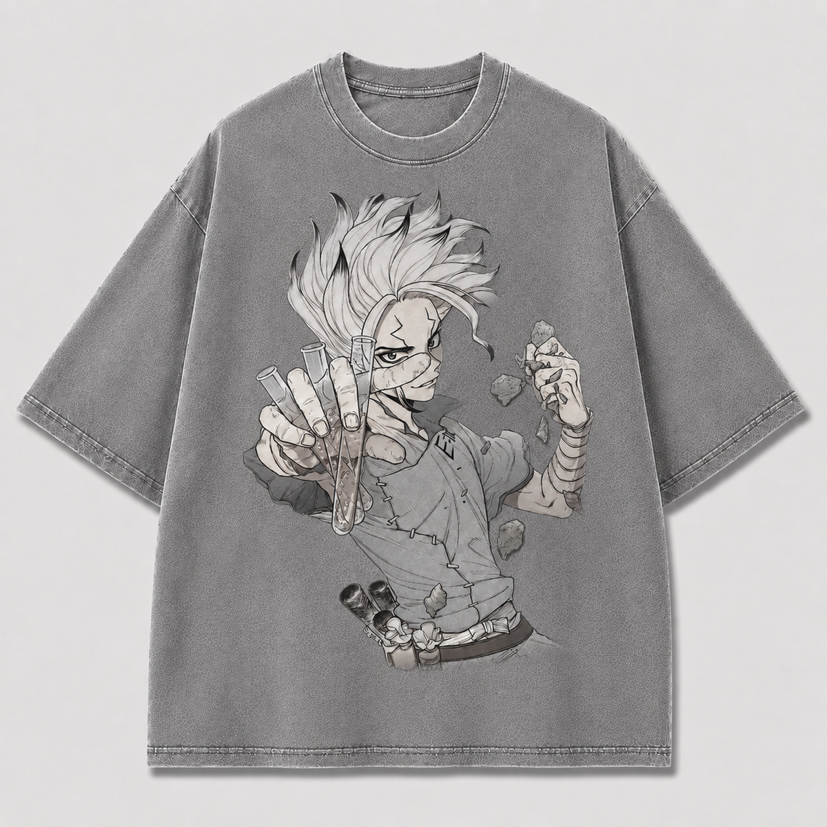 Oversized Manga Scientist Graphic Tee – Monochrome Print Top