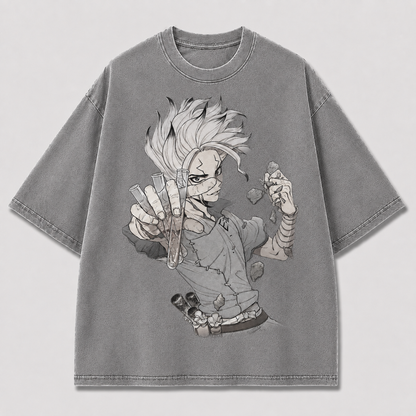 Oversized Manga Scientist Graphic Tee – Monochrome Print Top