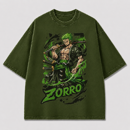 Oversized Graphic Print T-Shirt – Green-Haired Swordsman Streetwear Tee