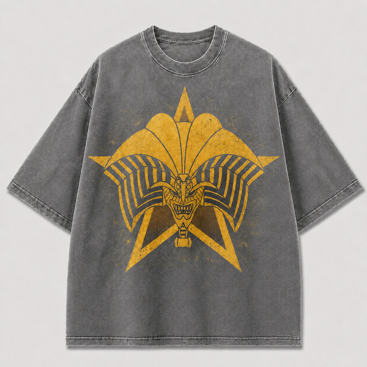 Oversized Golden Star Mask Graphic Tee – Symmetrical Print Top