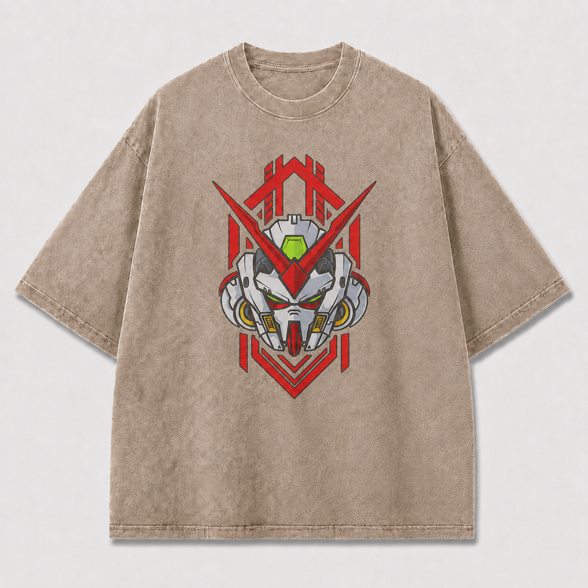 Oversized Emblem Mecha Graphic Tee – Geometric Badge Print Top