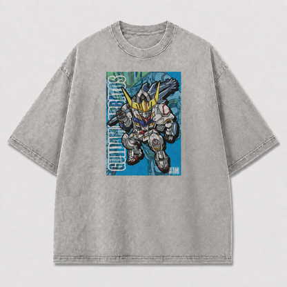 Oversized Blue Poster Mecha Graphic Tee – Dynamic Print Top