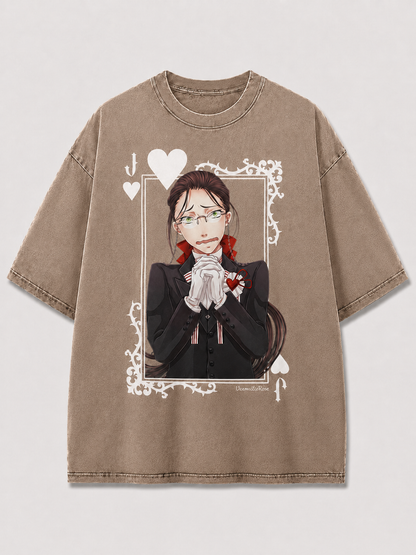 Oversized Formal Portrait Card Graphic Tee – Ornate Print Top