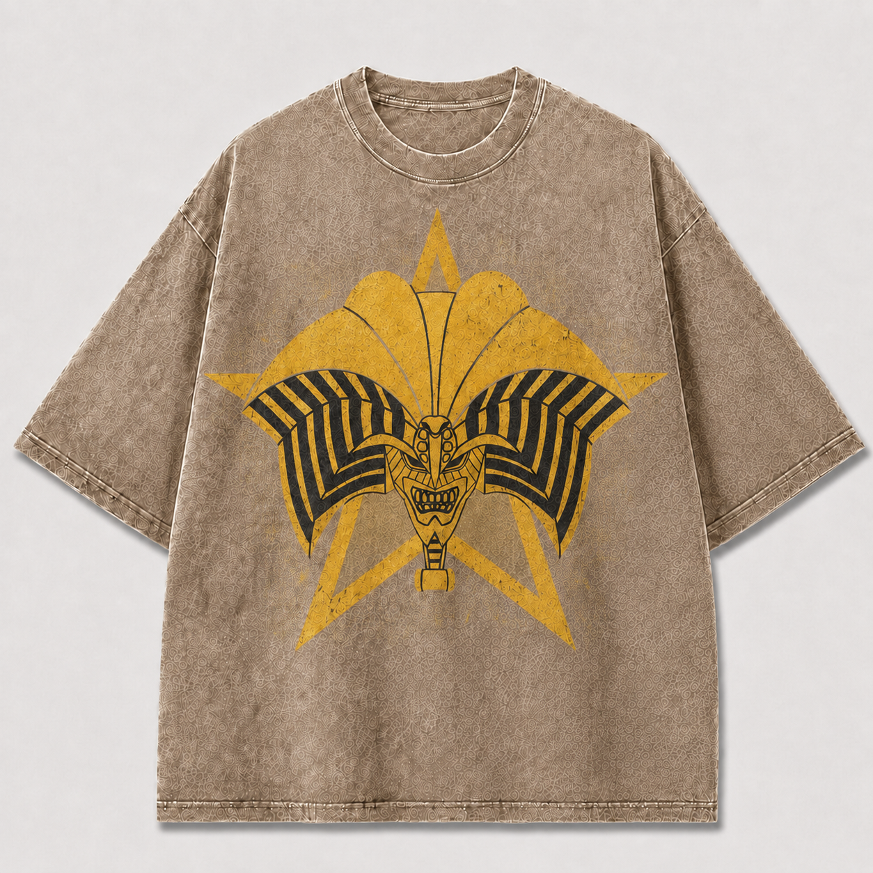 Oversized Golden Star Mask Graphic Tee – Symmetrical Print Top