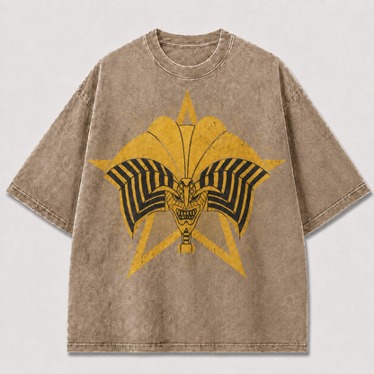Oversized Golden Star Mask Graphic Tee – Symmetrical Print Top