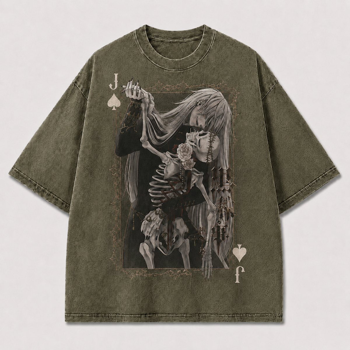 Oversized Gothic Card Portrait Graphic Tee – Skeleton Print Top