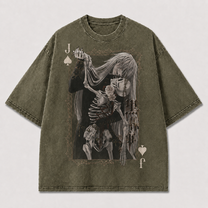 Oversized Gothic Card Portrait Graphic Tee – Skeleton Print Top