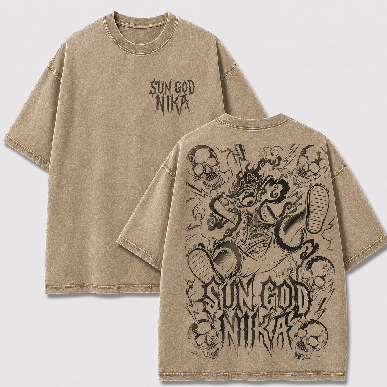 Oversized Streetwear Graphic Tee – Multi-Skull Lightning Frame Print