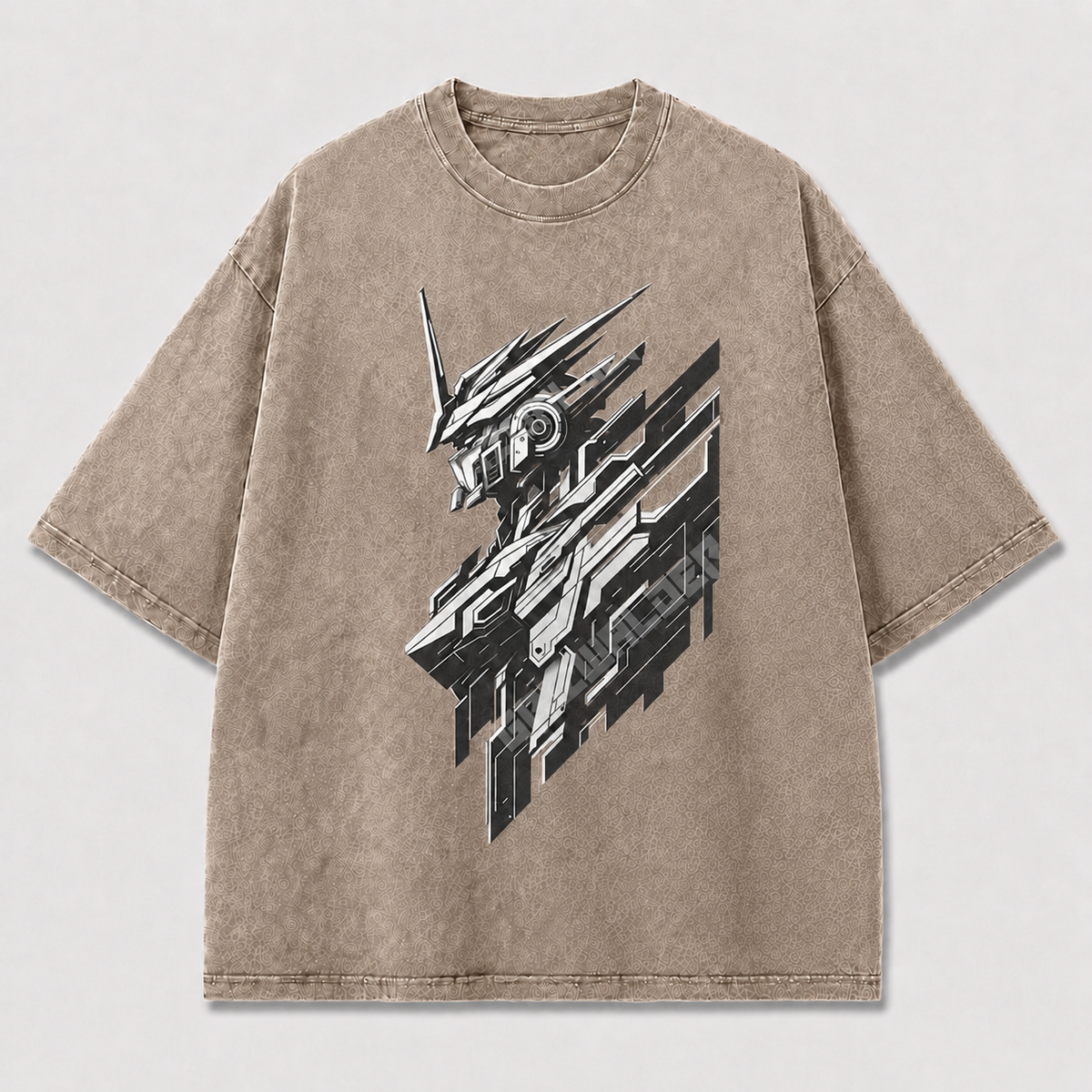 Oversized Cyber Mecha Graphic Tee – Geometric Slice Print Top