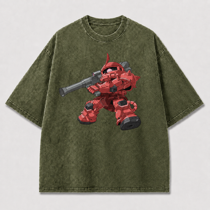 Oversized Red Sniper Mecha Graphic Tee – Action Print Top