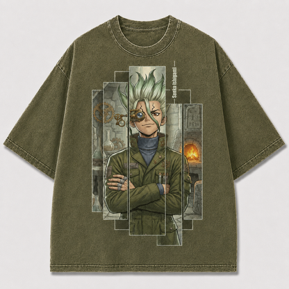 Oversized Inventor Portrait Graphic Tee – Window Panel Print Top