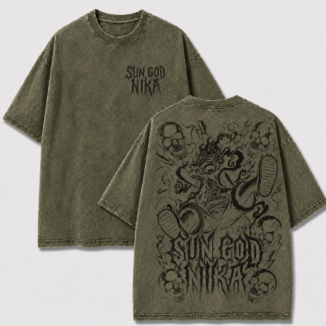 Oversized Streetwear Graphic Tee – Multi-Skull Lightning Frame Print