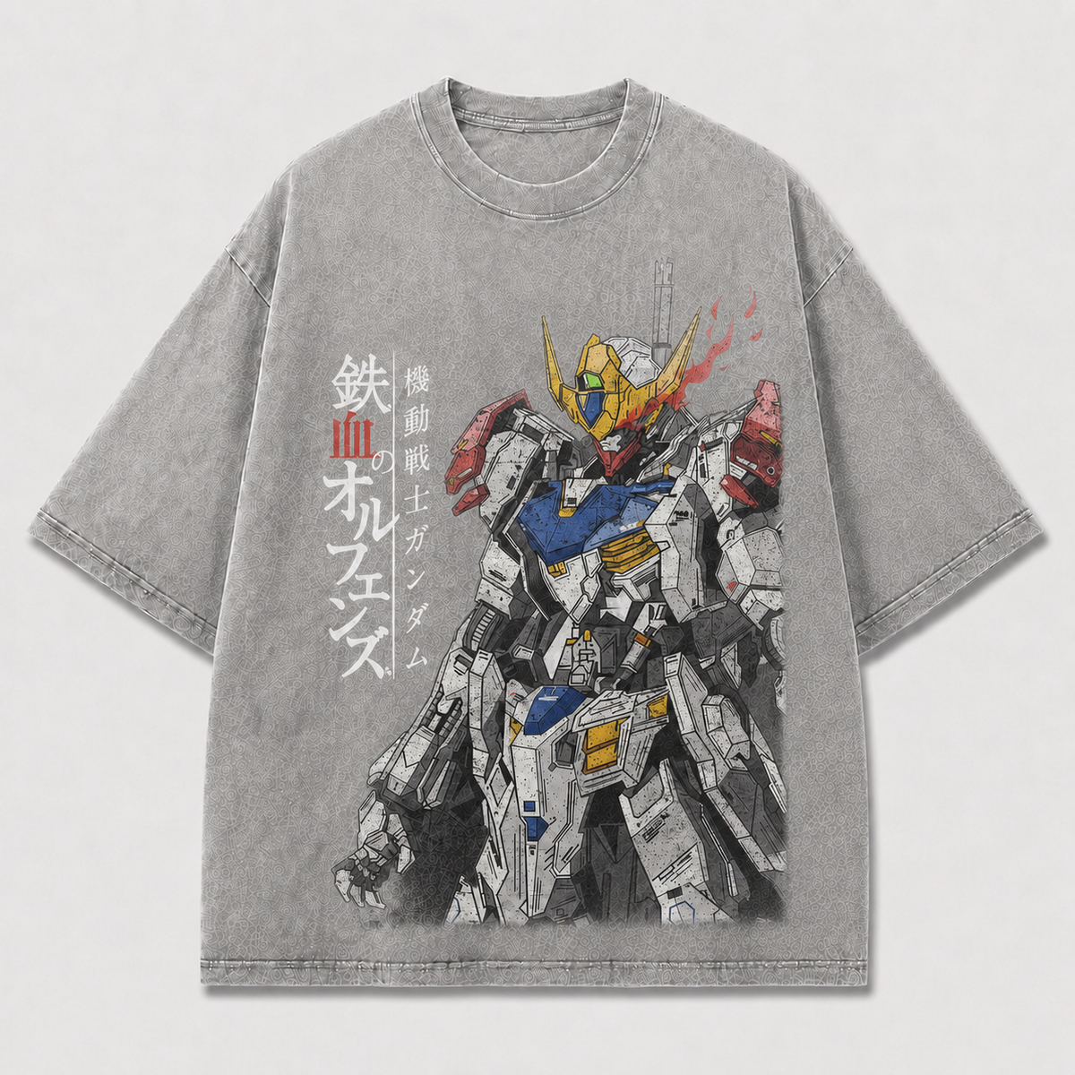 Oversized Flame Horn Mecha Graphic Tee – Vertical Text Print Top