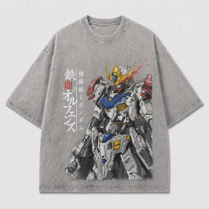 Oversized Flame Horn Mecha Graphic Tee – Vertical Text Print Top