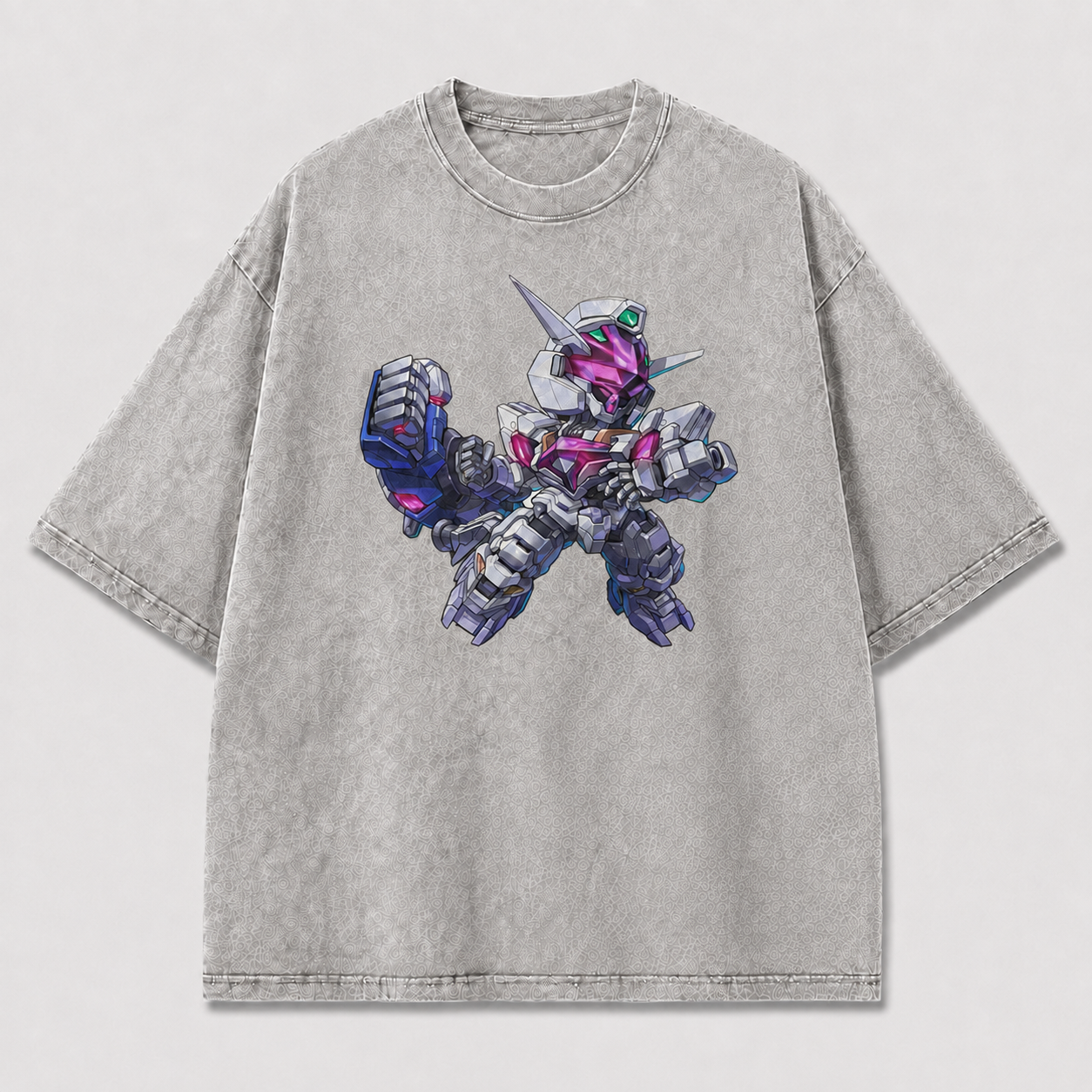 Oversized Chibi Mecha Graphic Tee – Crystal Detail Print Top