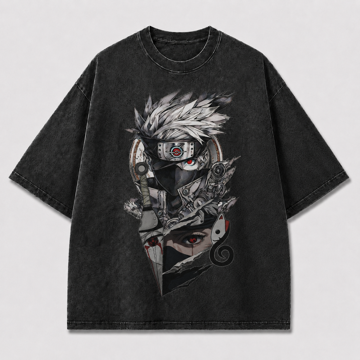 Oversized Streetwear Graphic Tee – Torn Split-Panel Masked Portrait Print