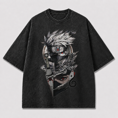 Oversized Streetwear Graphic Tee – Torn Split-Panel Masked Portrait Print