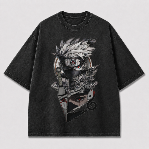 Oversized Streetwear Graphic Tee – Torn Split-Panel Masked Portrait Print