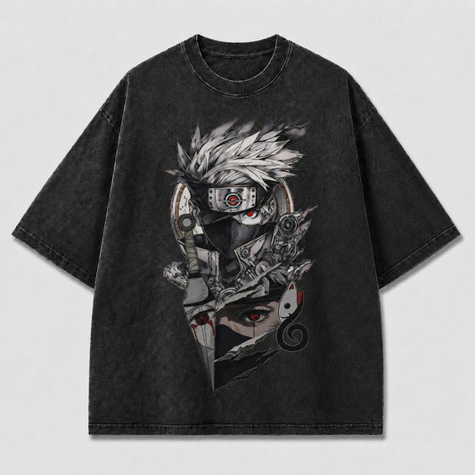 Oversized Streetwear Graphic Tee – Torn Split-Panel Masked Portrait Print