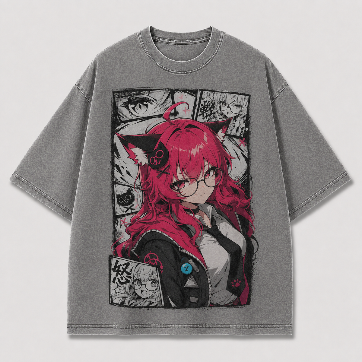 Oversized Graphic Print T-Shirt – Cat-Ear Waifu Streetwear Tee