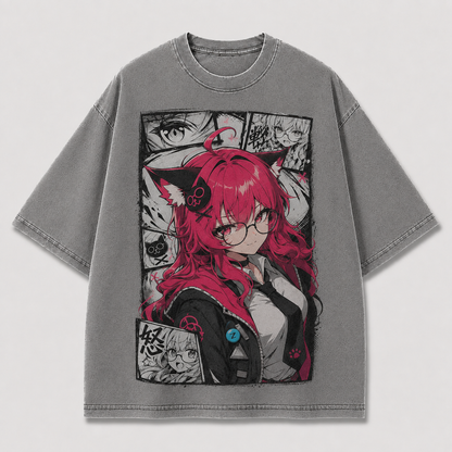 Oversized Graphic Print T-Shirt – Cat-Ear Waifu Streetwear Tee