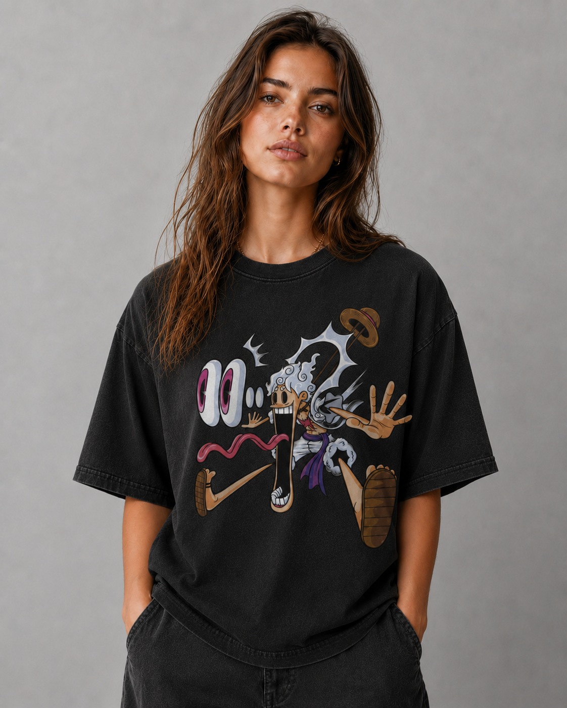 Oversized Streetwear Graphic Tee – Exaggerated Cartoon Stretch Print
