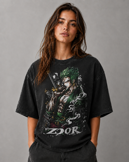 Oversized Graphic Print T-Shirt – Green-Haired Swordsman Streetwear Tee