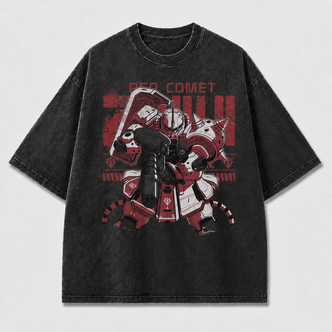Oversized Crimson Mecha Graphic Tee – Military Poster Print Top