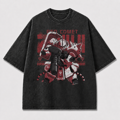 Oversized Crimson Mecha Graphic Tee – Military Poster Print Top