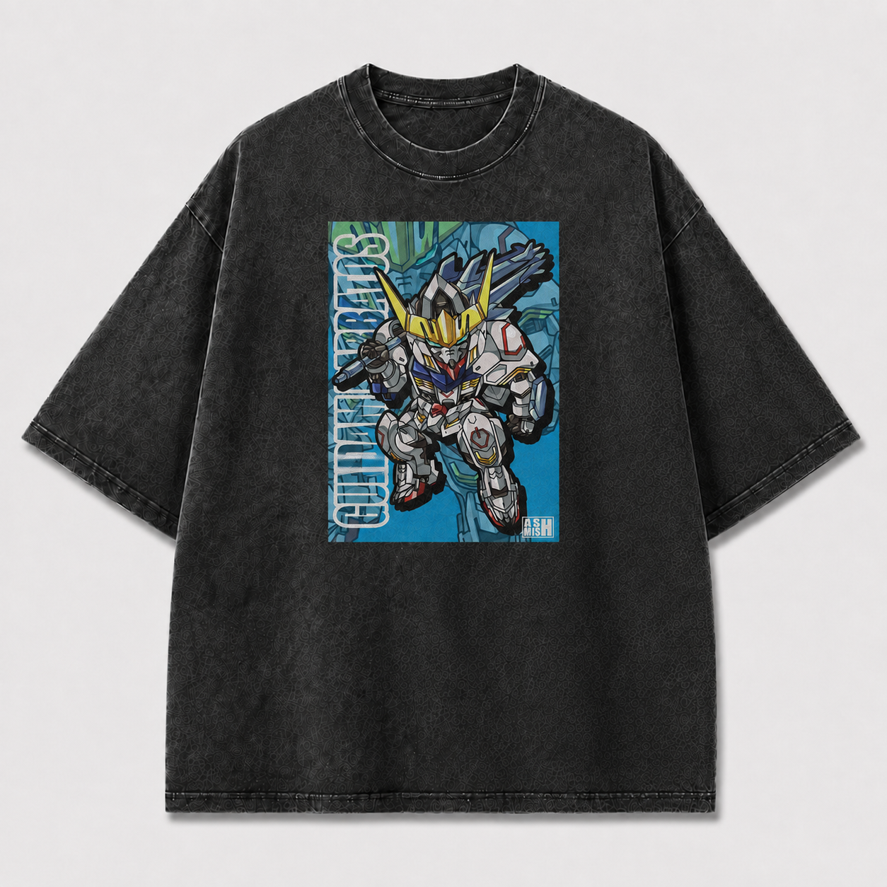 Oversized Blue Poster Mecha Graphic Tee – Dynamic Print Top