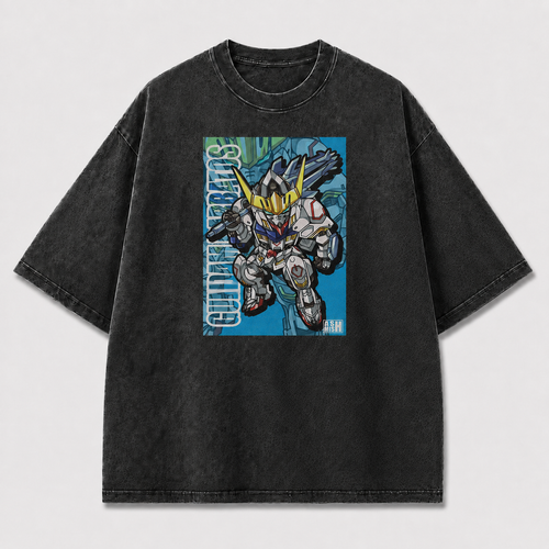 Oversized Blue Poster Mecha Graphic Tee – Dynamic Print Top